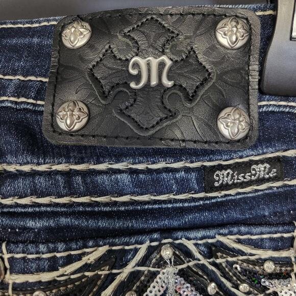 Miss Me Jeans Womens 26 Blue Bootcut Embellished Rhinestone Flap Rockabilly - Picture 2 of 16
